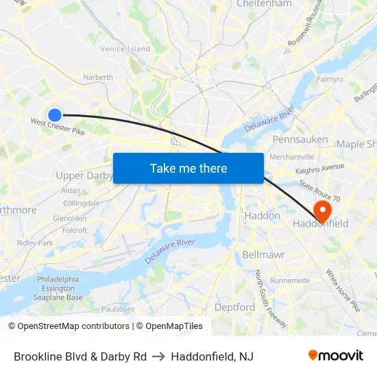 Brookline Blvd & Darby Rd to Haddonfield, NJ map