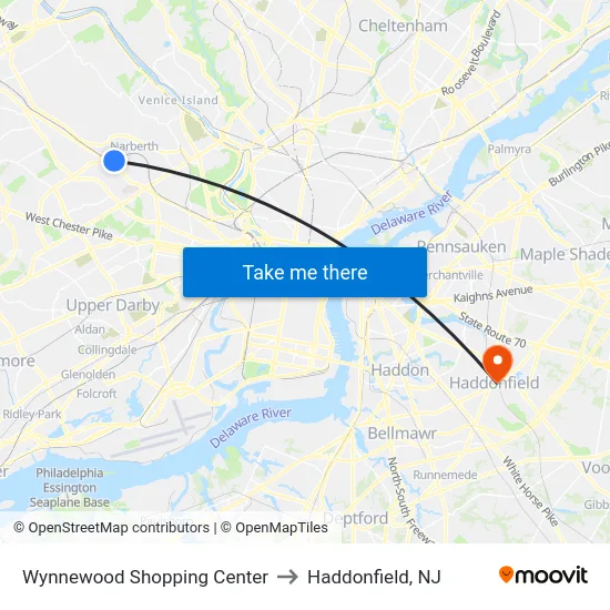 Wynnewood Shopping Center to Haddonfield, NJ map