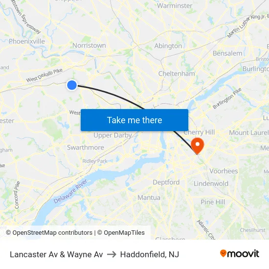 Lancaster Av & Wayne Av to Haddonfield, NJ map