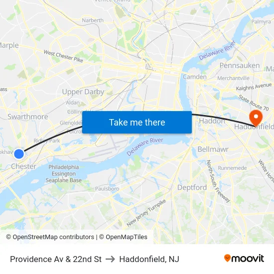 Providence Av & 22nd St to Haddonfield, NJ map