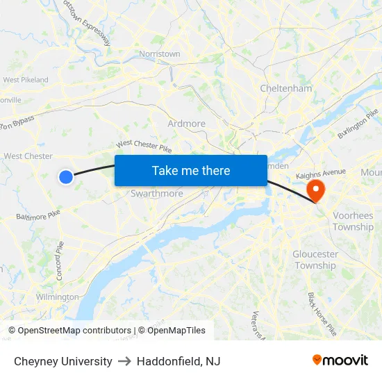 Cheyney University to Haddonfield, NJ map