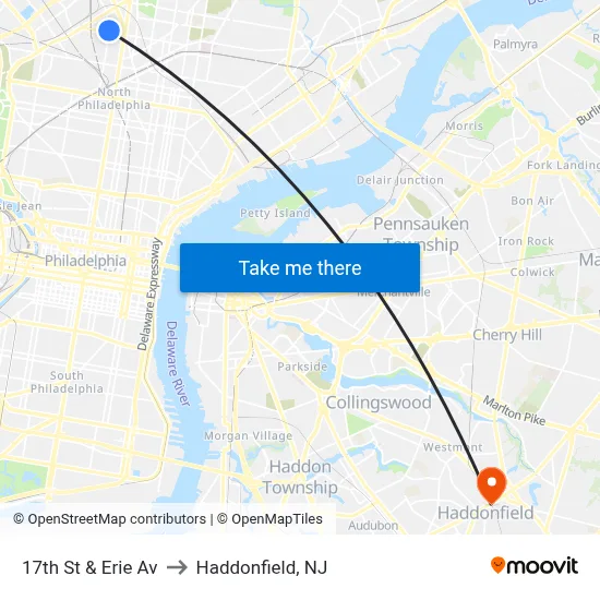 17th St & Erie Av to Haddonfield, NJ map