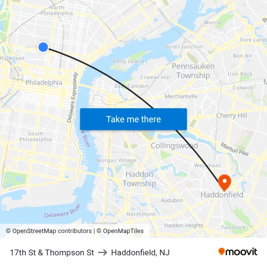 17th St & Thompson St to Haddonfield, NJ map