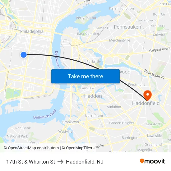 17th St & Wharton St to Haddonfield, NJ map