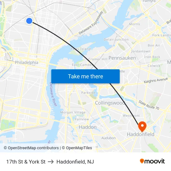 17th St & York St to Haddonfield, NJ map