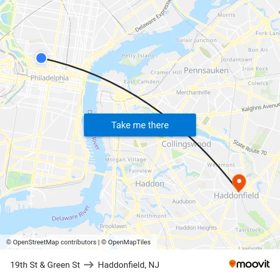 19th St & Green St to Haddonfield, NJ map