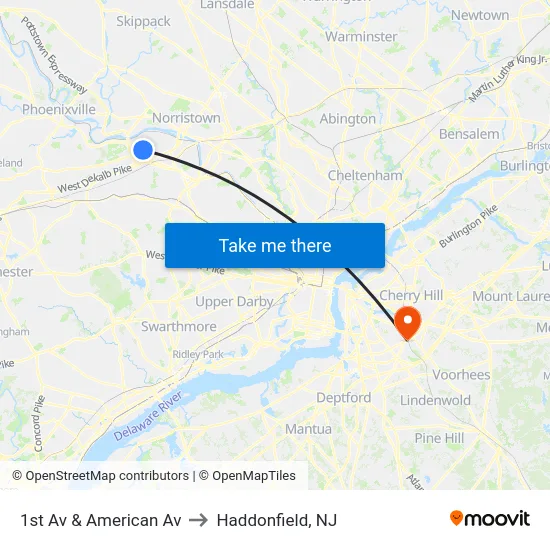 1st Av & American Av to Haddonfield, NJ map