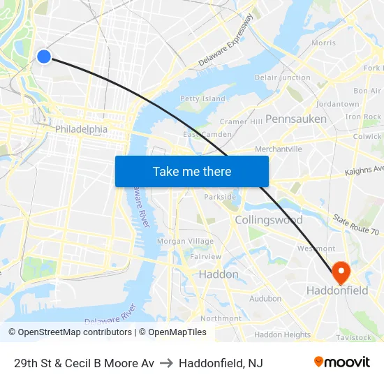 29th St & Cecil B Moore Av to Haddonfield, NJ map
