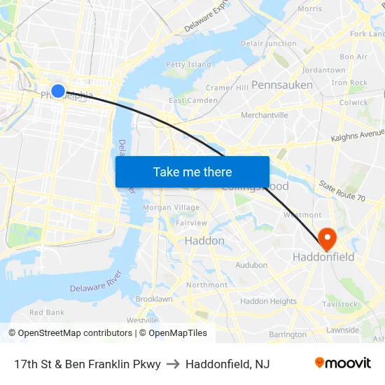 17th St & Ben Franklin Pkwy to Haddonfield, NJ map