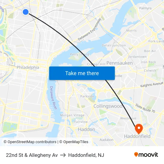 22nd St & Allegheny Av to Haddonfield, NJ map