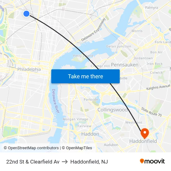22nd St & Clearfield Av to Haddonfield, NJ map