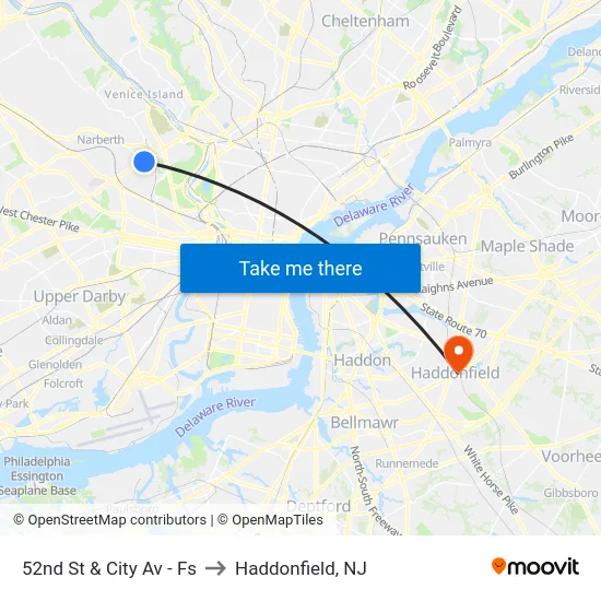 52nd St & City Av - Fs to Haddonfield, NJ map