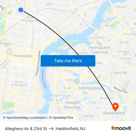 Allegheny Av & 23rd St to Haddonfield, NJ map