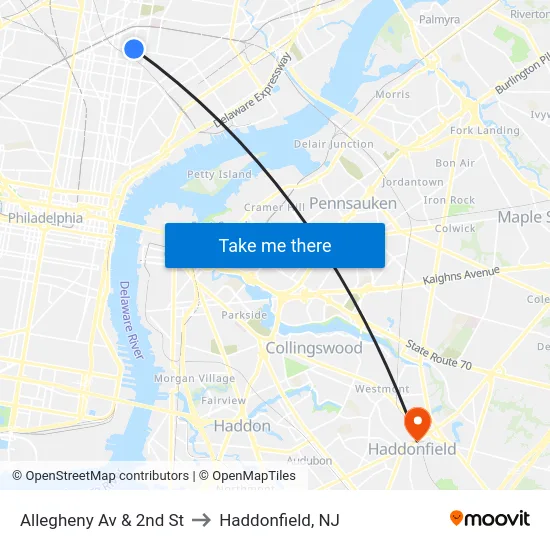 Allegheny Av & 2nd St to Haddonfield, NJ map
