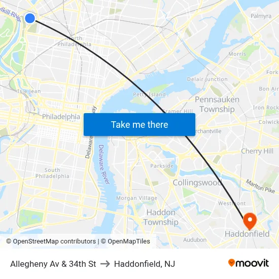 Allegheny Av & 34th St to Haddonfield, NJ map