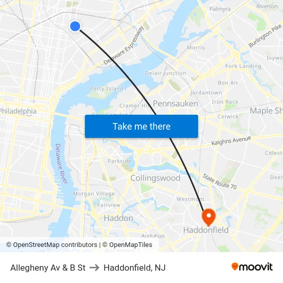 Allegheny Av & B St to Haddonfield, NJ map