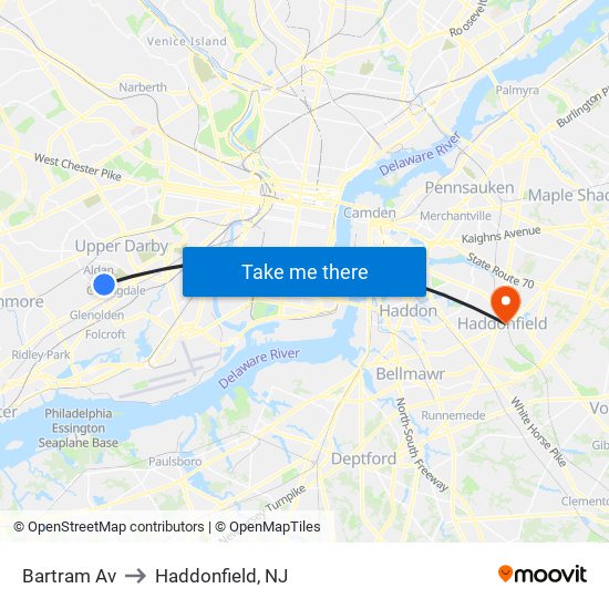 Bartram Av to Haddonfield, NJ map