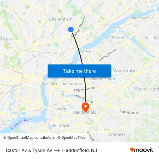 Castor Av & Tyson Av to Haddonfield, NJ map