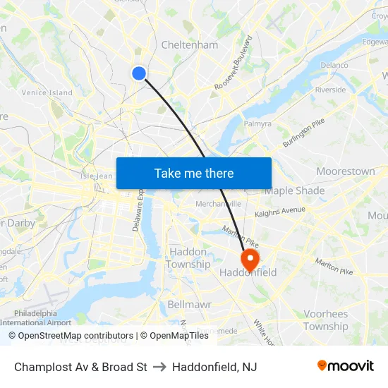Champlost Av & Broad St to Haddonfield, NJ map