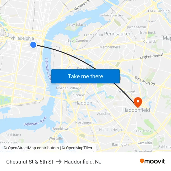 Chestnut St & 6th St to Haddonfield, NJ map
