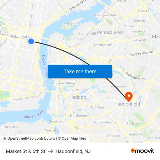 Market St & 6th St to Haddonfield, NJ map
