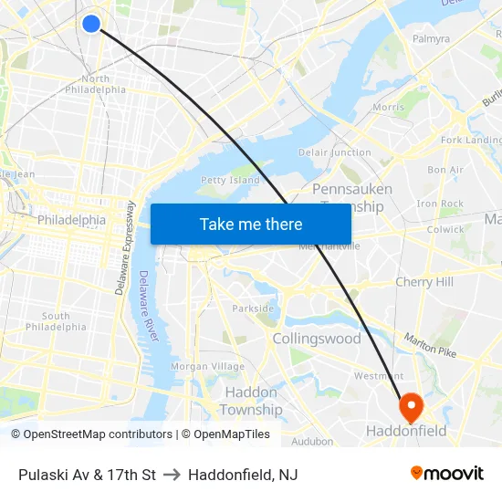 Pulaski Av & 17th St to Haddonfield, NJ map