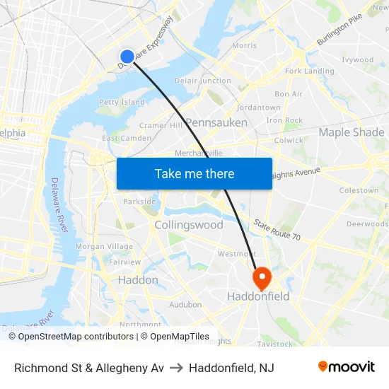 Richmond St & Allegheny Av to Haddonfield, NJ map