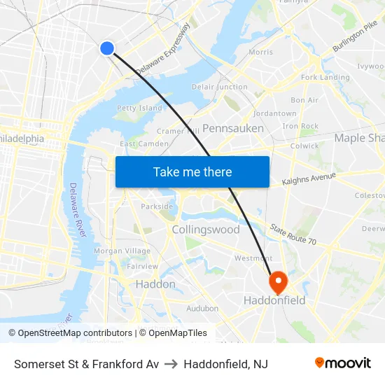 Somerset St & Frankford Av to Haddonfield, NJ map