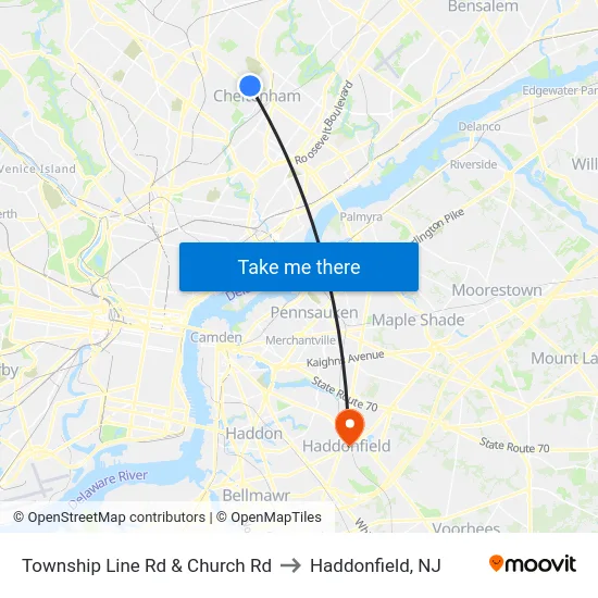 Township Line Rd & Church Rd to Haddonfield, NJ map