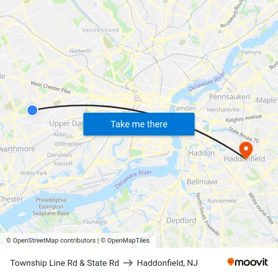 Township Line Rd & State Rd to Haddonfield, NJ map
