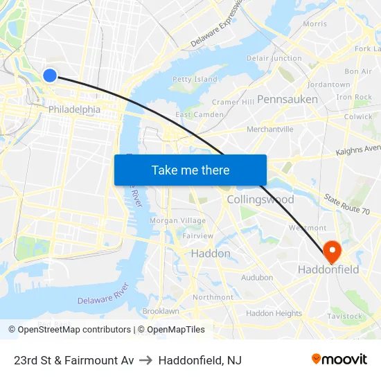 23rd St & Fairmount Av to Haddonfield, NJ map