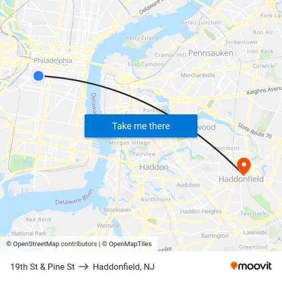 19th St & Pine St to Haddonfield, NJ map