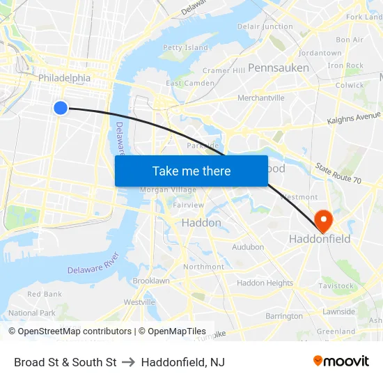 Broad St & South St to Haddonfield, NJ map