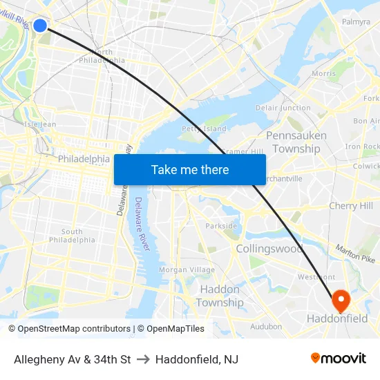 Allegheny Av & 34th St to Haddonfield, NJ map