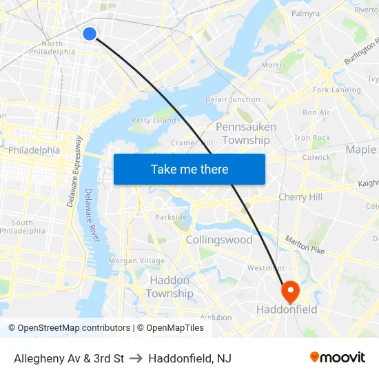 Allegheny Av & 3rd St to Haddonfield, NJ map