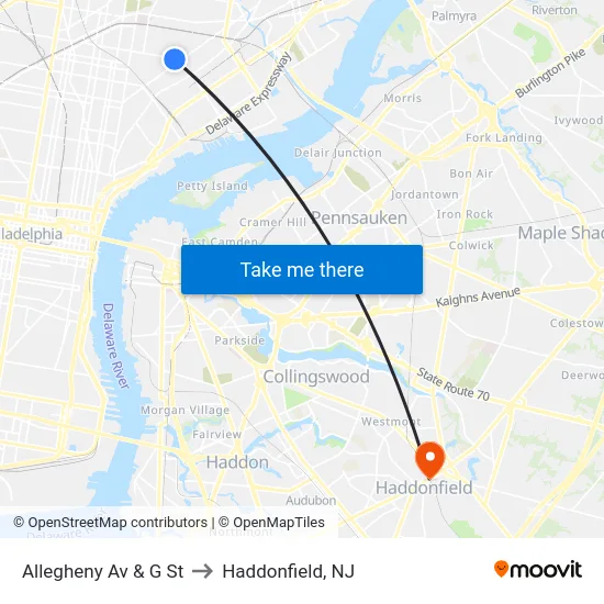 Allegheny Av & G St to Haddonfield, NJ map