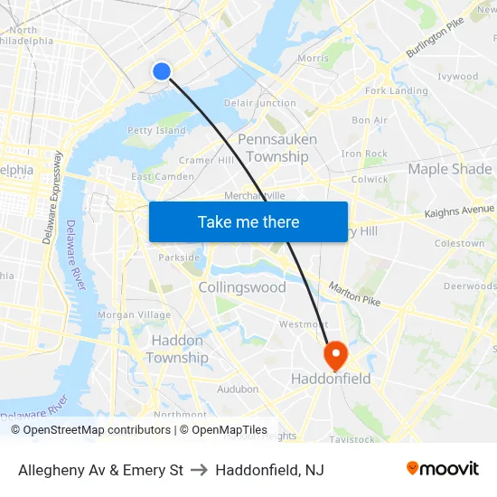 Allegheny Av & Emery St to Haddonfield, NJ map
