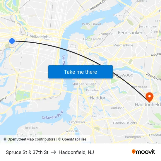 Spruce St & 37th St to Haddonfield, NJ map