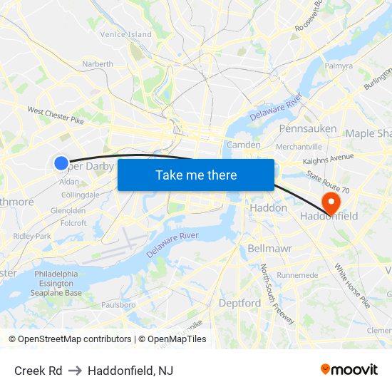 Creek Rd to Haddonfield, NJ map