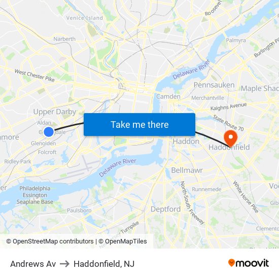 Andrews Av to Haddonfield, NJ map