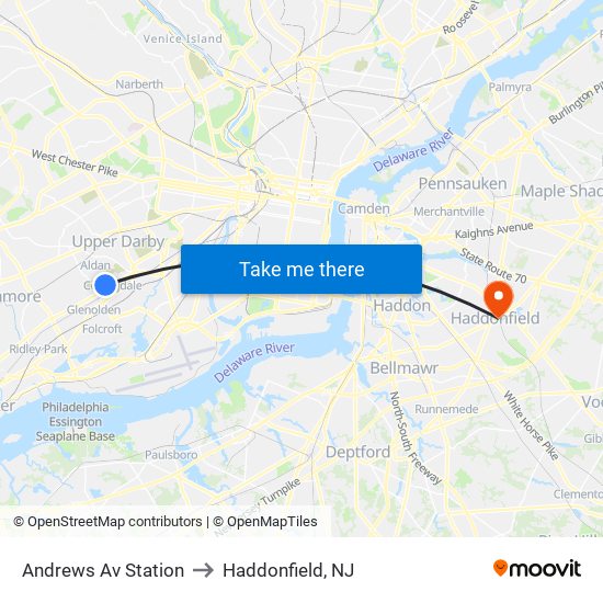 Andrews Av Station to Haddonfield, NJ map