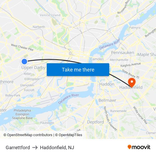 Garrettford to Haddonfield, NJ map