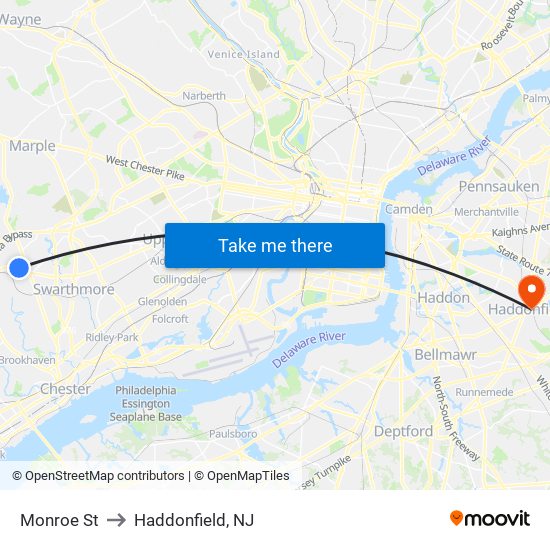 Monroe St to Haddonfield, NJ map
