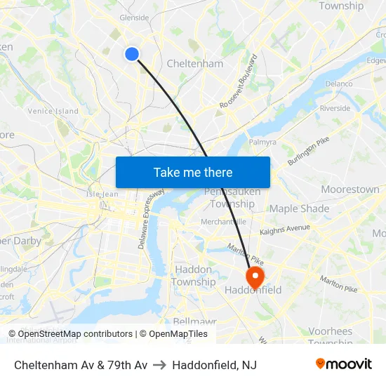 Cheltenham Av & 79th Av to Haddonfield, NJ map