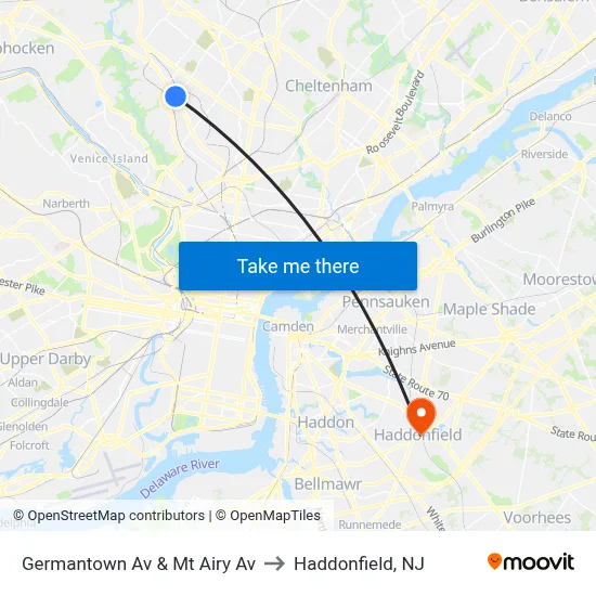 Germantown Av & Mt Airy Av to Haddonfield, NJ map