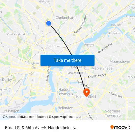 Broad St & 66th Av to Haddonfield, NJ map