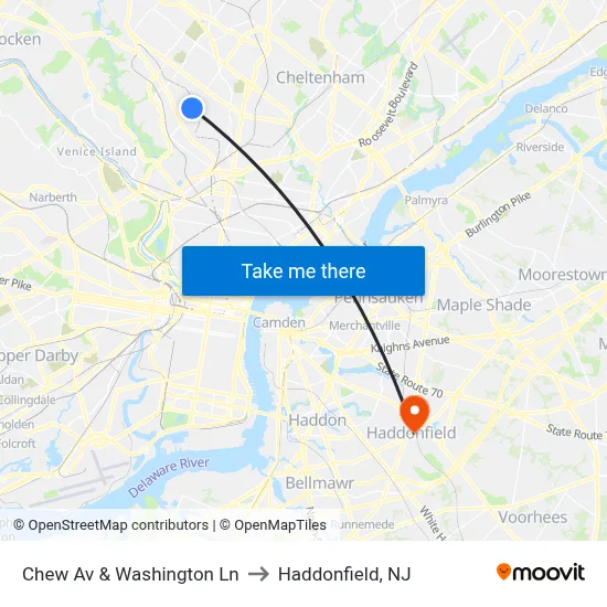 Chew Av & Washington Ln to Haddonfield, NJ map