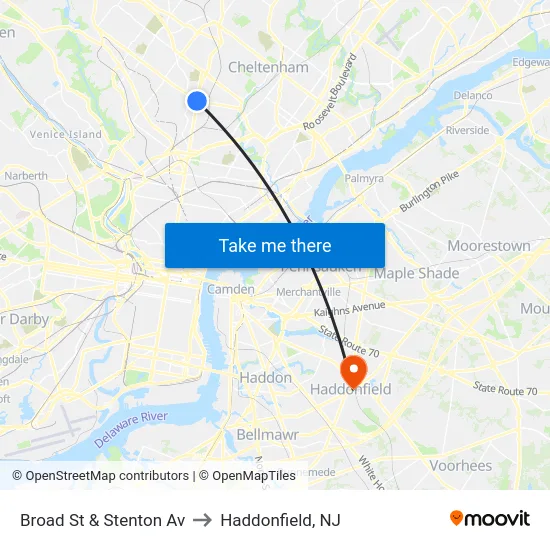 Broad St & Stenton Av to Haddonfield, NJ map