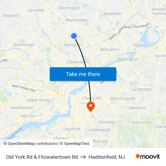 Old York Rd & Fitzwatertown Rd to Haddonfield, NJ map