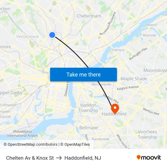 Chelten Av & Knox St to Haddonfield, NJ map